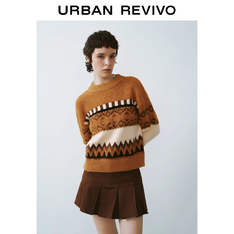 UR2024秋冬新款女装复古撞色提花肌理感宽松针织衫UWL930078