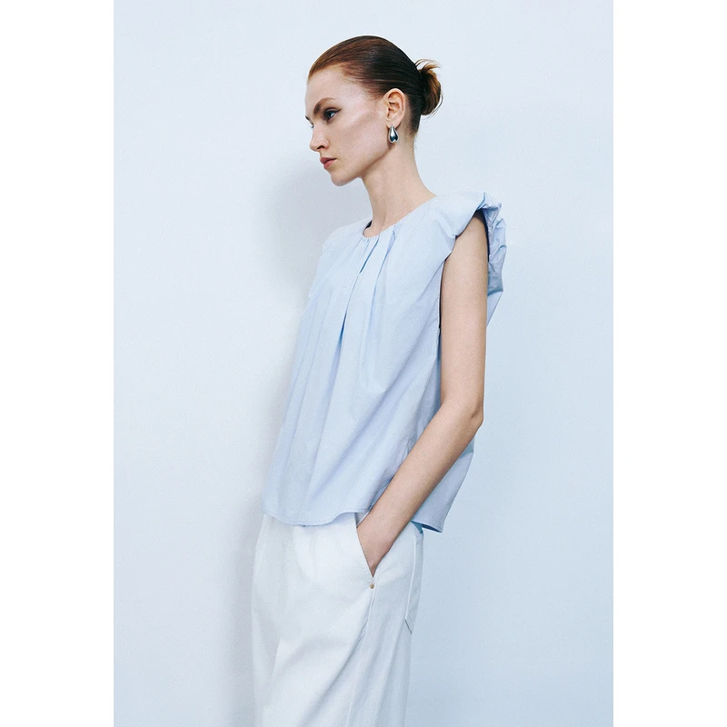 UR女装百搭简约气质压褶小飞袖短袖罩衫衬衫UWG240189