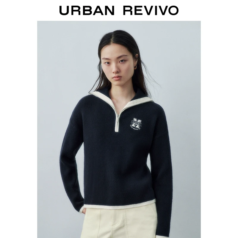 UR女装美式学院风撞色图案翻领针织衫UYY940086