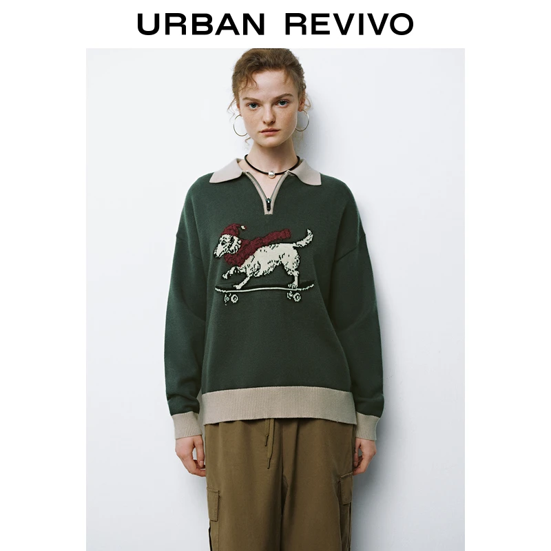 UR新款女装时尚显瘦小众趣味休闲萌宠提花半拉链针织衫UYL940089