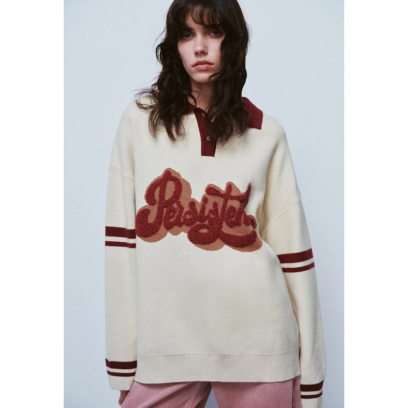 UR新款百搭显瘦时尚女装撞色Polo领字母毛巾绣针织衫UWL940048