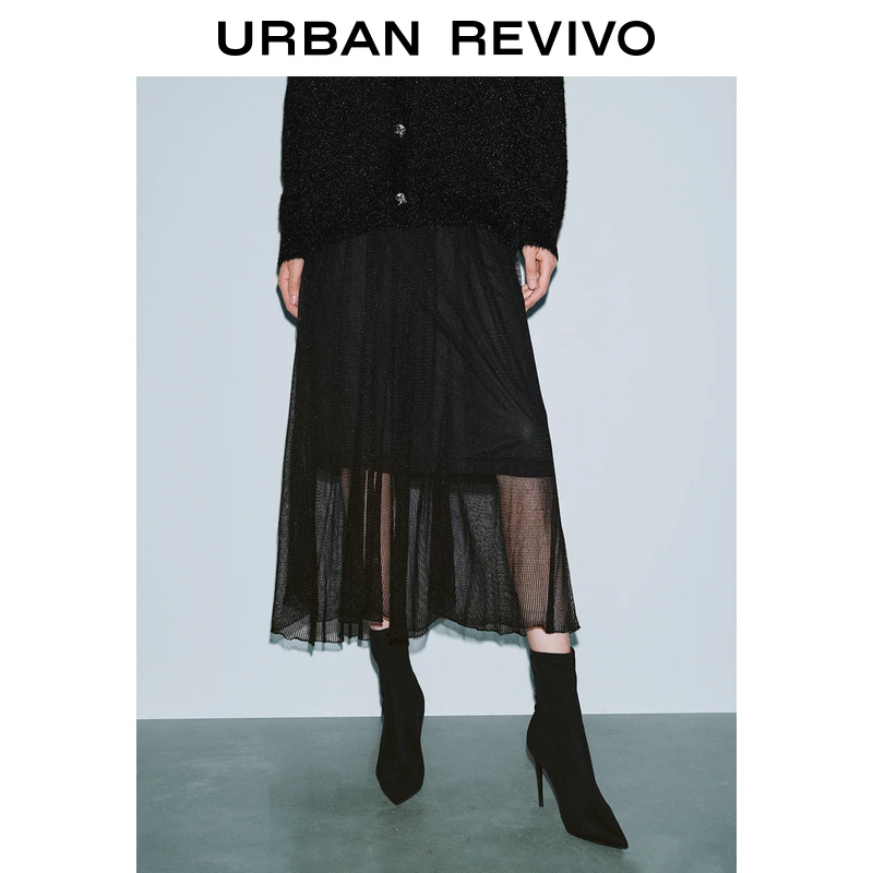 UR女装时髦气质朦胧网纱高腰针织半裙UWG940295