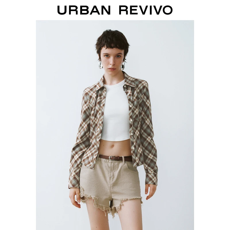 UR新款女装百搭小众休闲复古学院风撞色菱格开襟衬衫UYL240013