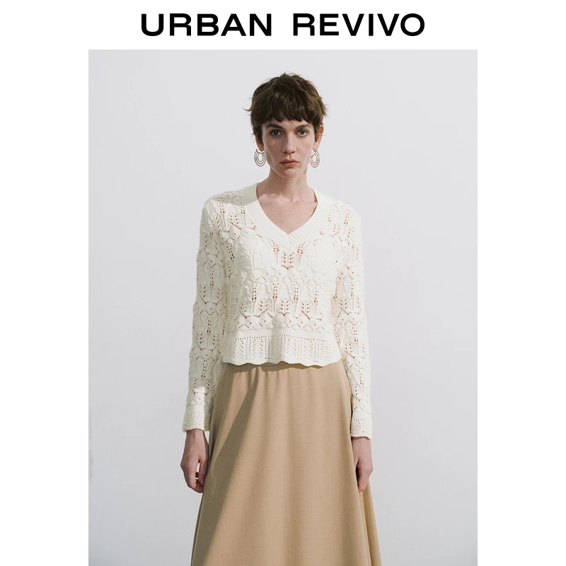 UR2024秋冬新款女装慵懒休闲镂空肌理感V领针织衫UWM940053+