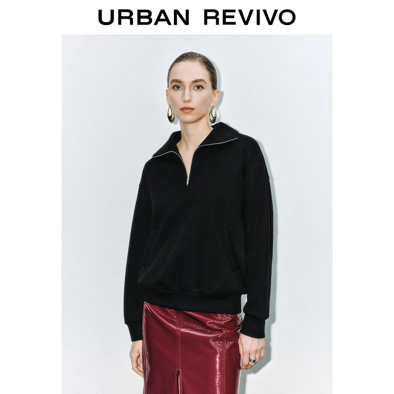 UR2024冬季新款女装休闲简约大翻领拉链超宽松卫衣UWG440207