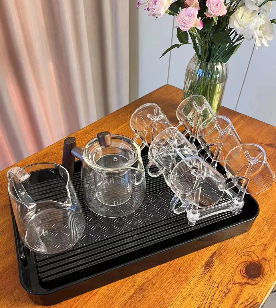 [破器茶器]透明色耐高温玻璃茶具10件套装（带茶盘）