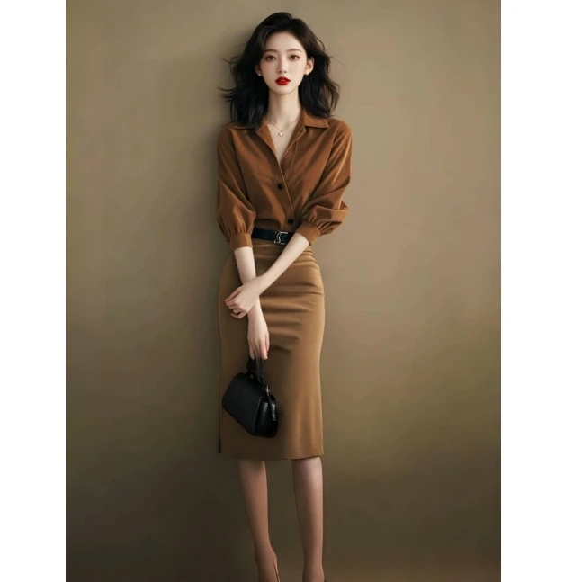（8117）一整套御姐轻熟气质通勤棕色女神范衬衫半身裙小香风套装