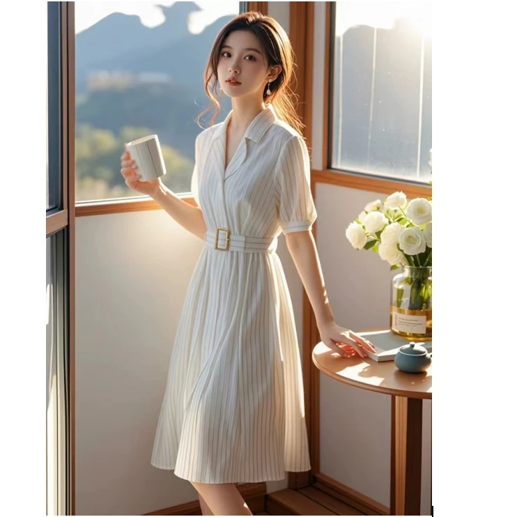 （8015）新款小个子显高遮肉显瘦法式简单大方白色条纹连衣裙子女