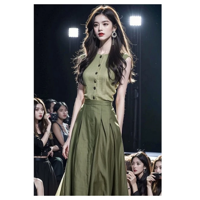 （7187）气质一整套韩系高级感穿搭绿色休闲无袖上衣半身裙小众套装