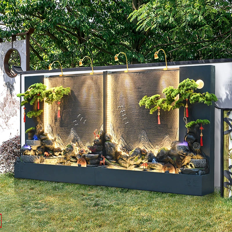 大型水幕墙流水摆件花园庭院假山鱼池公司酒店屏风流水墙装饰造景