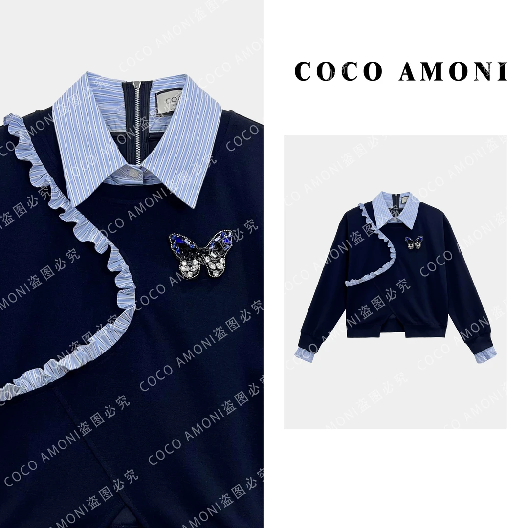 新款高级感假两件拼接重磅烫钻蝴蝶显瘦减龄长袖卫衣ZQ497