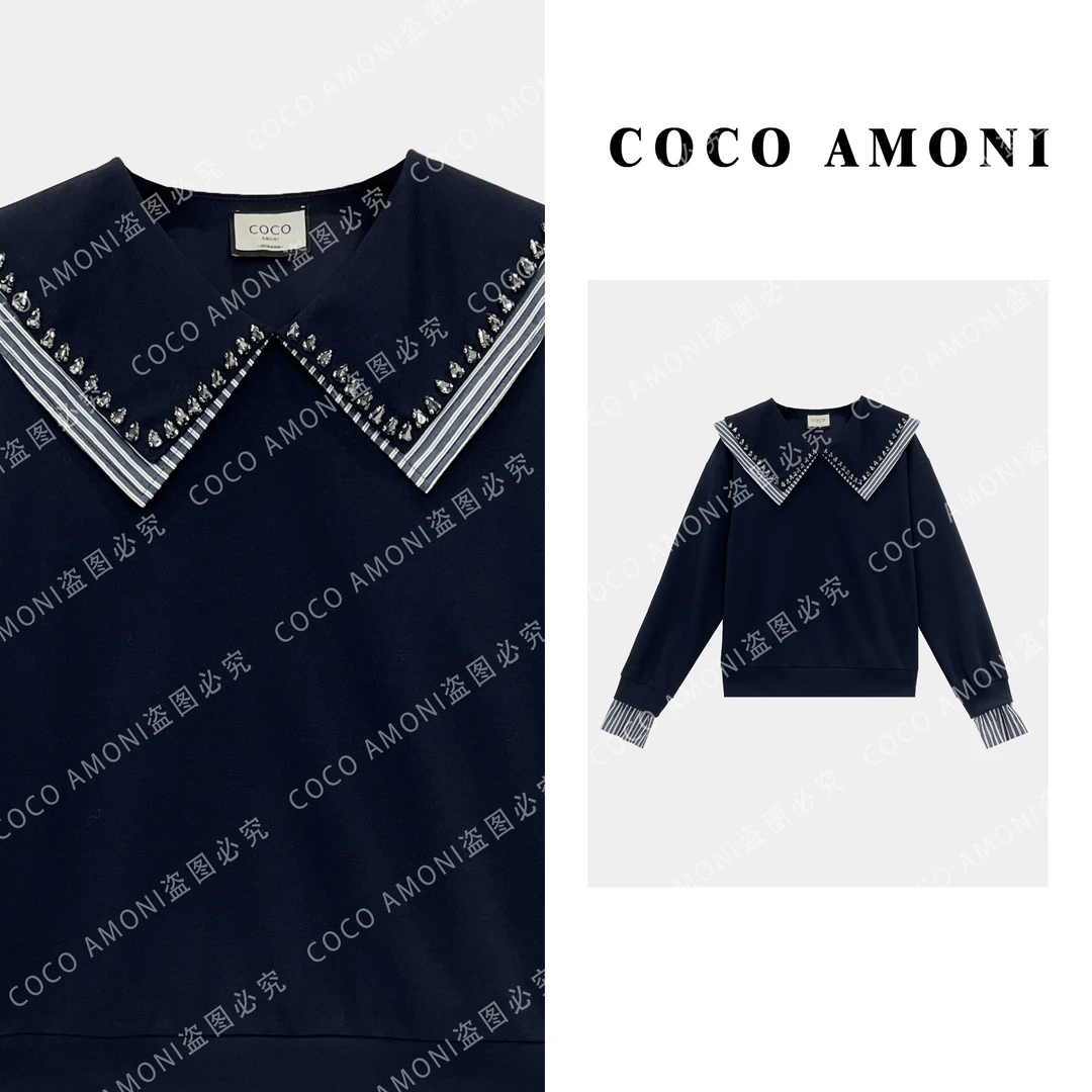 【曼姐专属】学院风休闲假两件拼接烫钻气质减龄长袖卫衣ZQ550