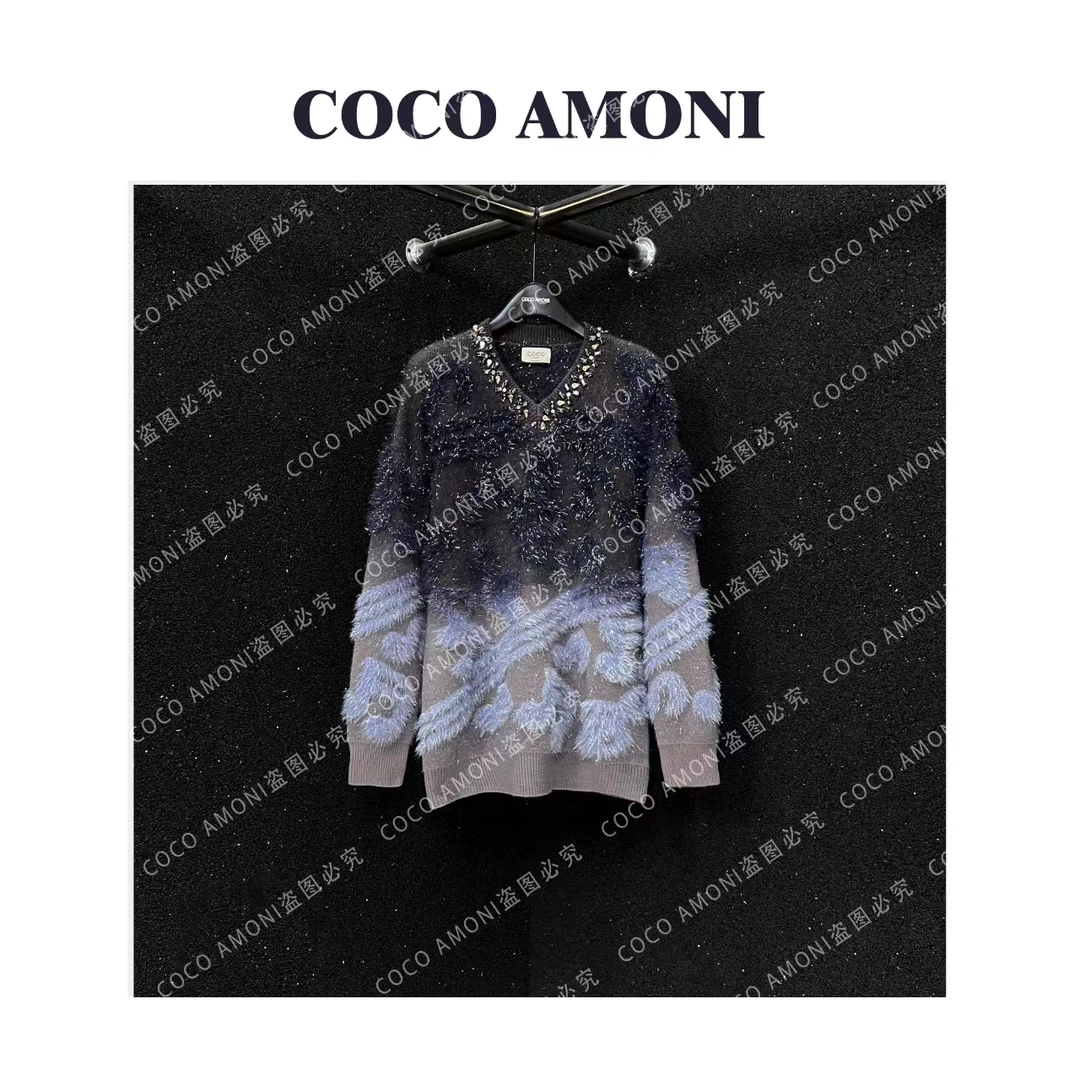 新款渐变烫钻领设计感撞色小众针织休闲百搭长袖毛衣JY297