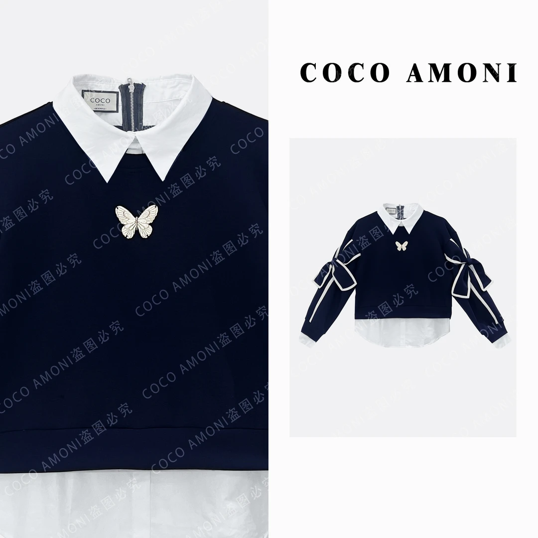 【曼姐专属】设计假两件蝴蝶袖潮流撞色显瘦气质百搭长袖卫衣AB708