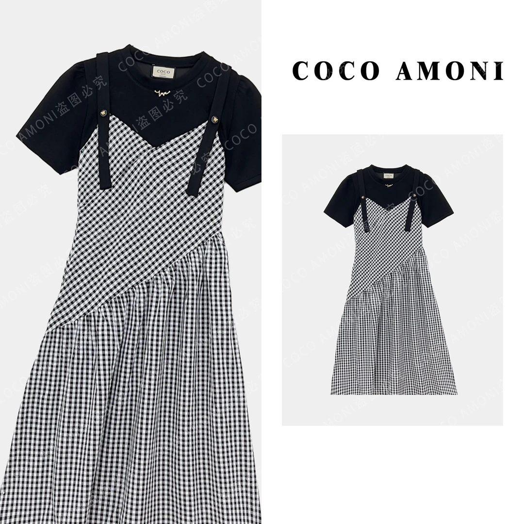 潮流拼接千鸟格假两件吊带时尚百搭显瘦连衣裙ZP242