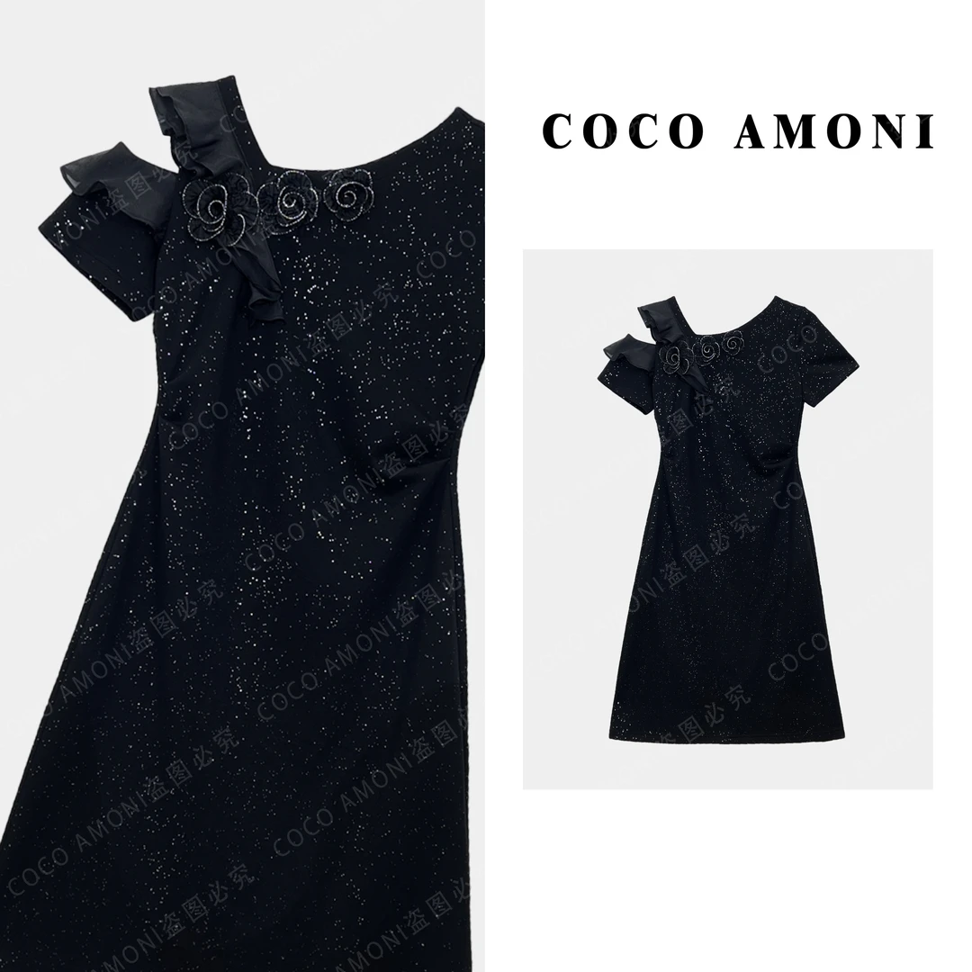 轻奢气质黑色花朵法式裙收腰显瘦百搭连衣裙ZP230