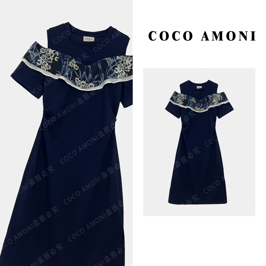 夏季轻奢时尚百搭露肩拼接百搭捏褶收腰连衣裙ZP272