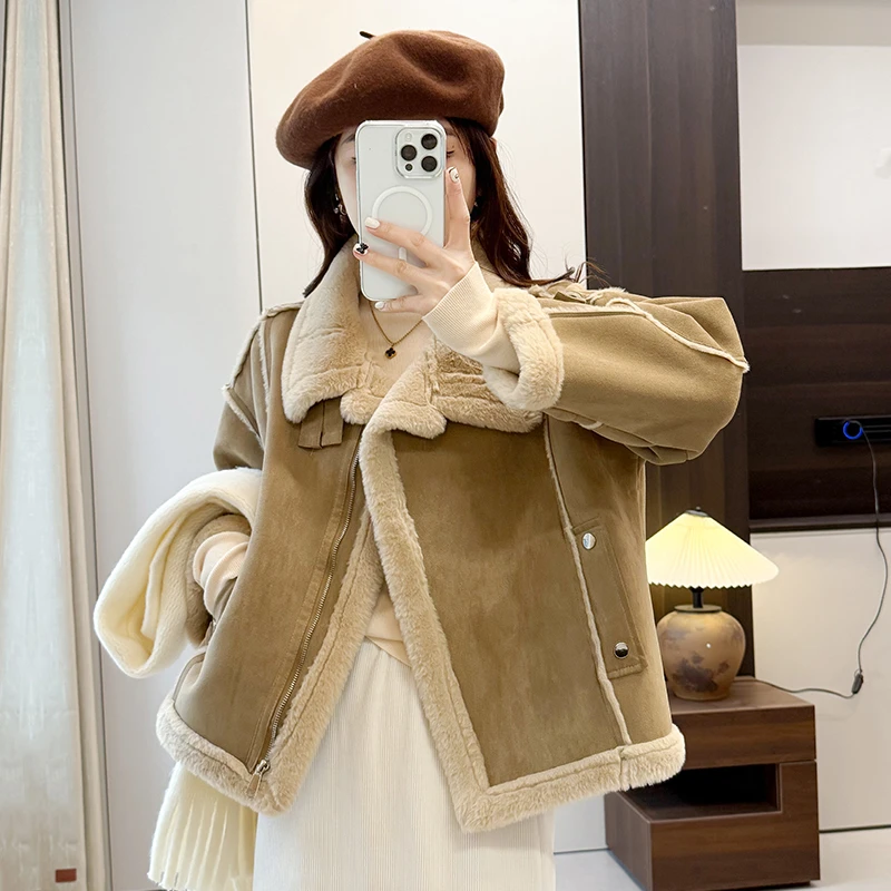 秀秀家皮毛一体短外套女2024新款加厚加绒立领今年流行小个子冬季