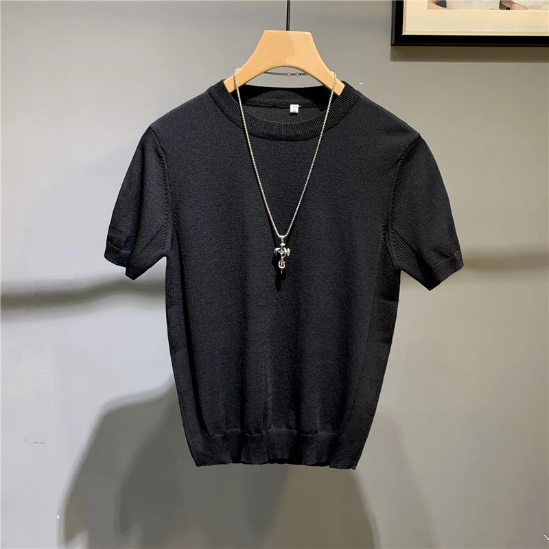 夏季新款修身男士圆领冰丝短袖T恤时尚纯色针织体恤半袖打底衫潮