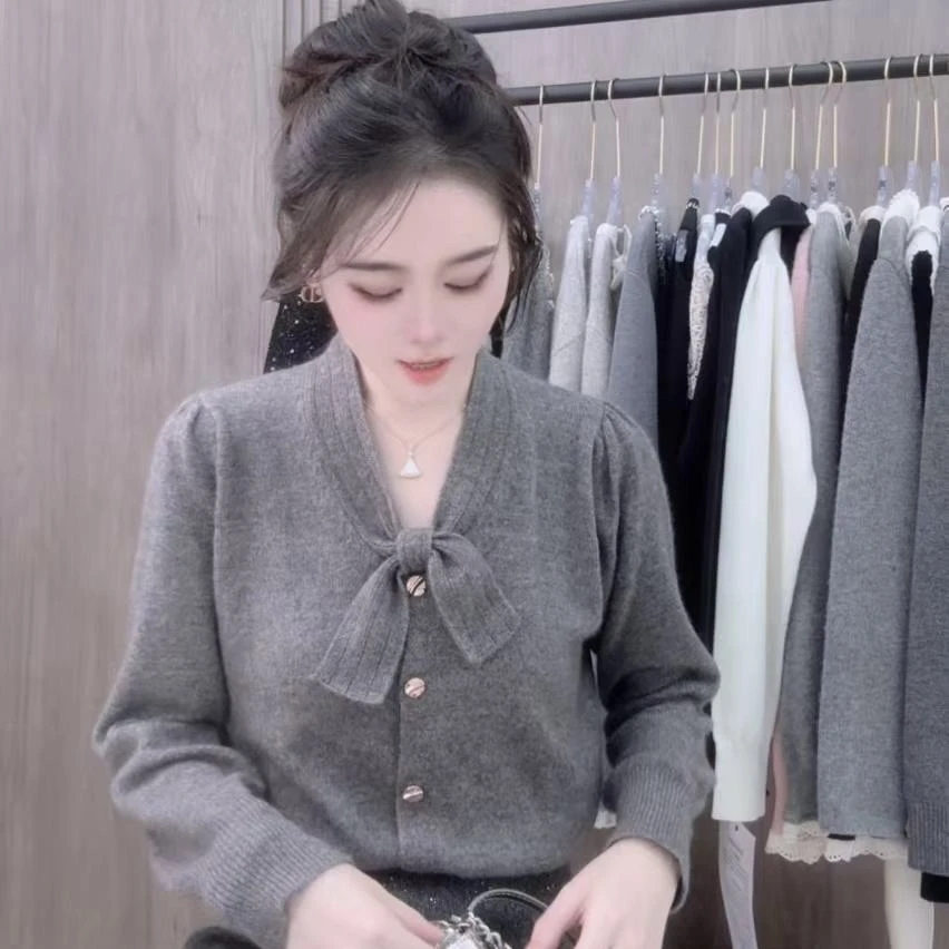 E'VAN【心结】高级浣熊绒亮丝打结毛衣针织开衫女-不能机洗