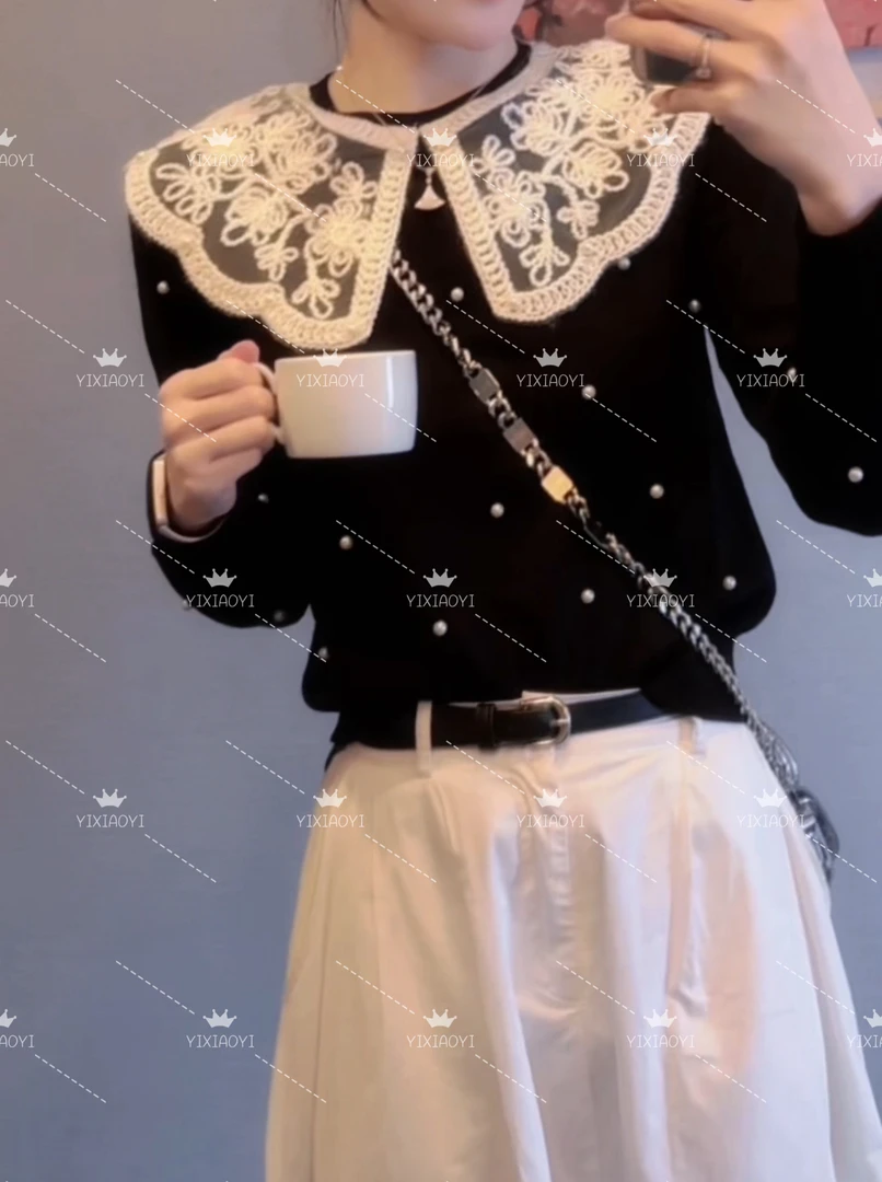 E'VAN【繁星】娃娃领珍珠手工刺绣秋冬长袖套头洋气时尚百搭针织衫