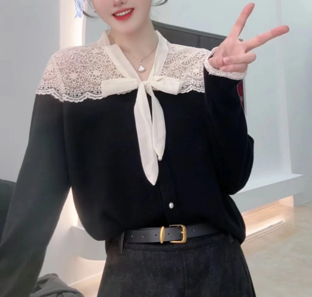 E'VAN【锦绣】全羊毛刺绣蕾丝蝴蝶结针织衫女气质百搭镂空洋气毛衣
