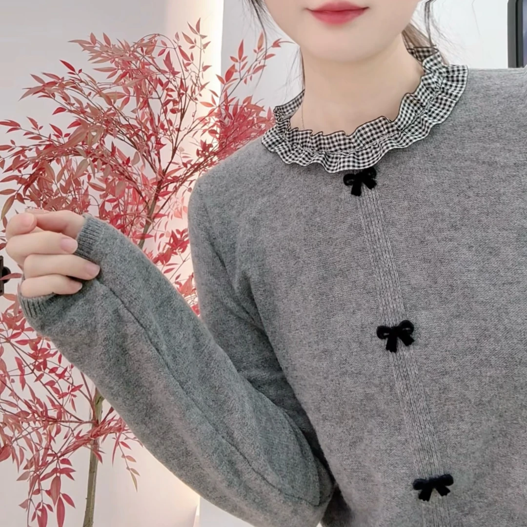 E'VAN【小花边】全羊毛衬衫花边领圆领套头针织上衣-不能机洗