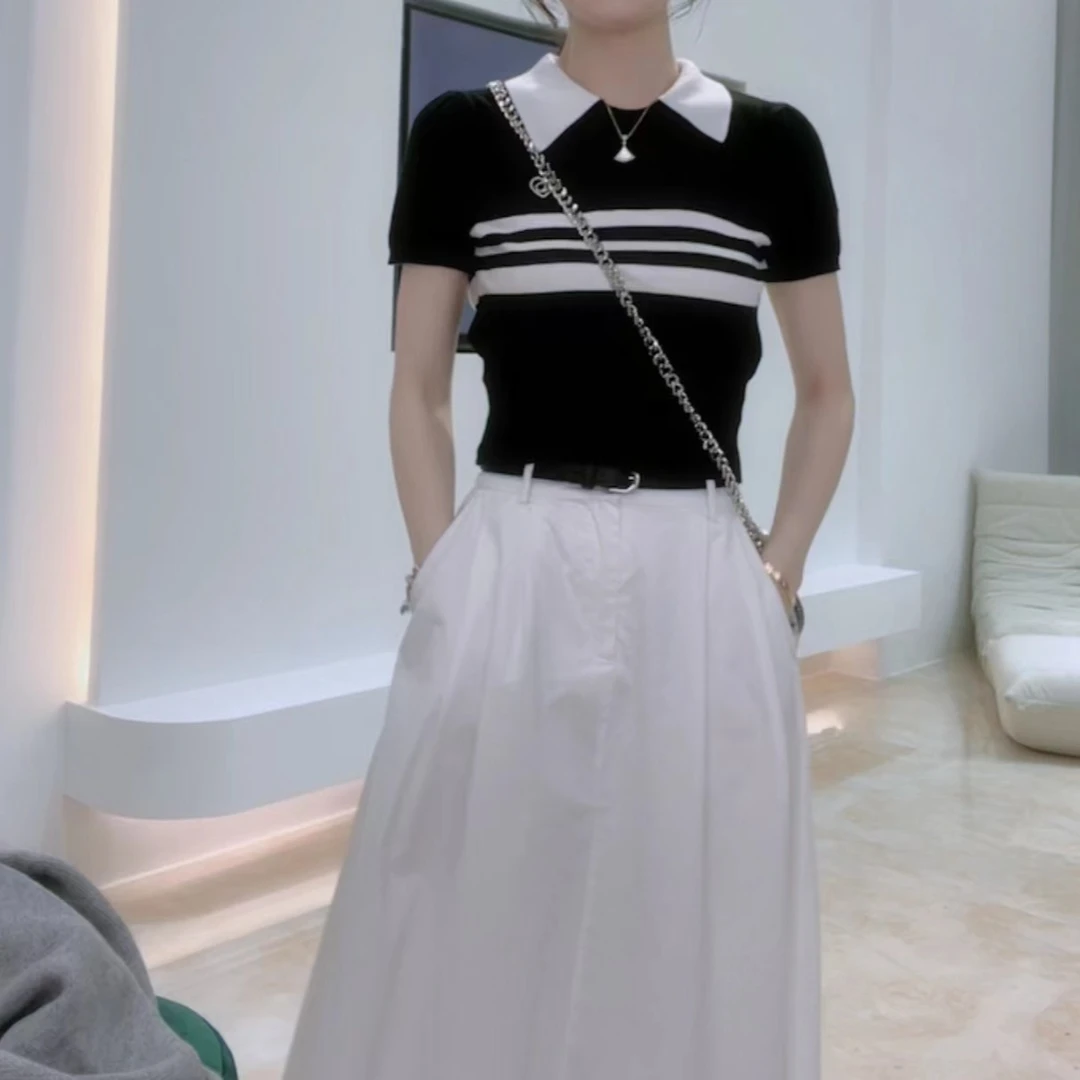 【库伊拉】夏季翻领减龄百搭条纹休闲黑白针织短袖上衣女气质T恤