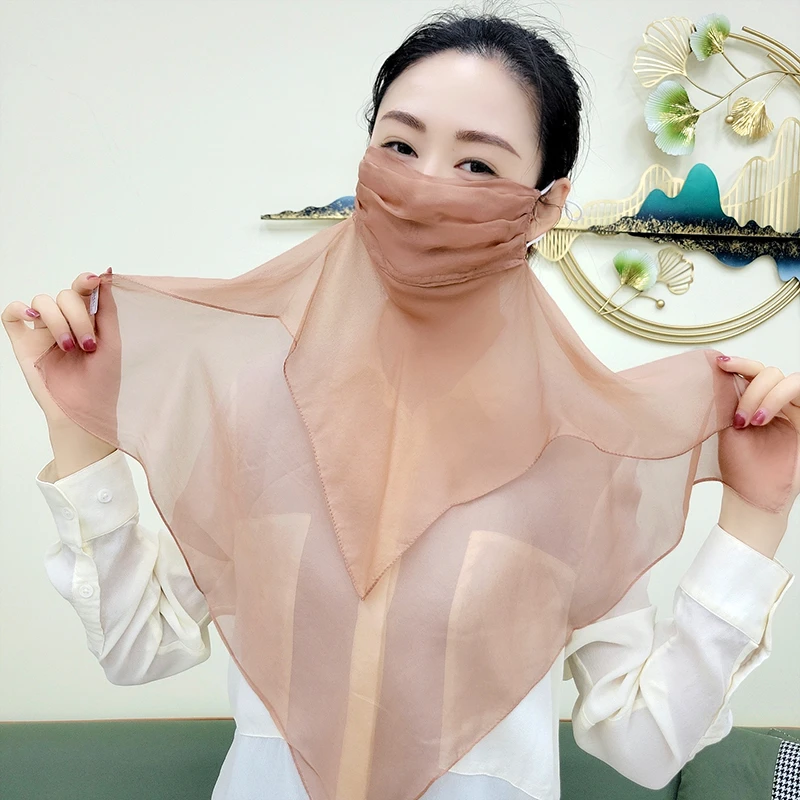 100%桑蚕丝防晒面纱女夏季双层透气遮脸面罩骑行户外遮阳