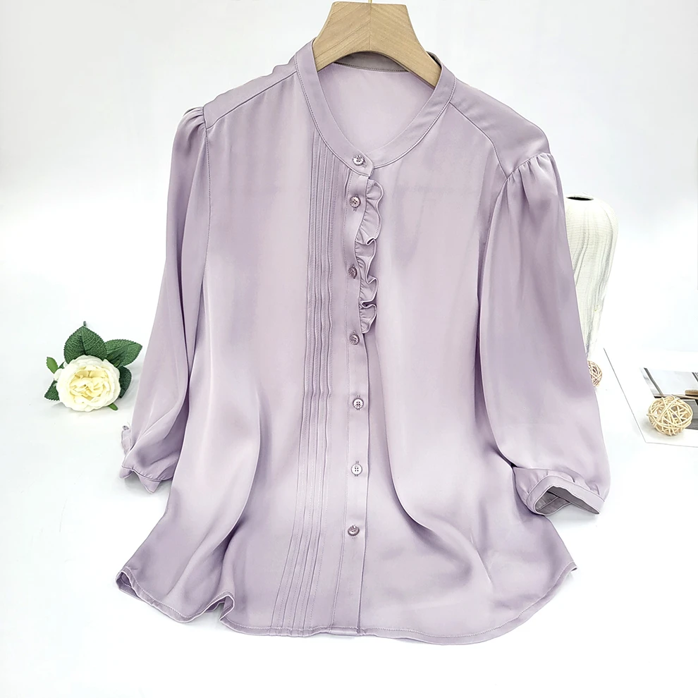 衬衫夏季女士气质桑蚕丝双乔纯色时尚百搭T恤宽松中袖立领衬衫
