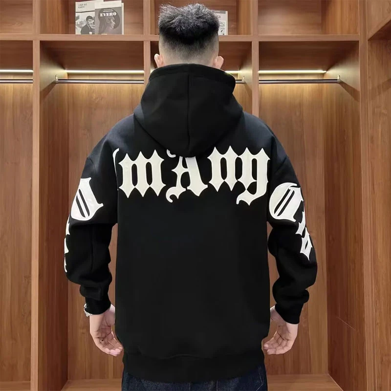 时尚男士秋冬连帽卫衣休闲运动加绒加厚宽松潮流时尚印花情侣百搭