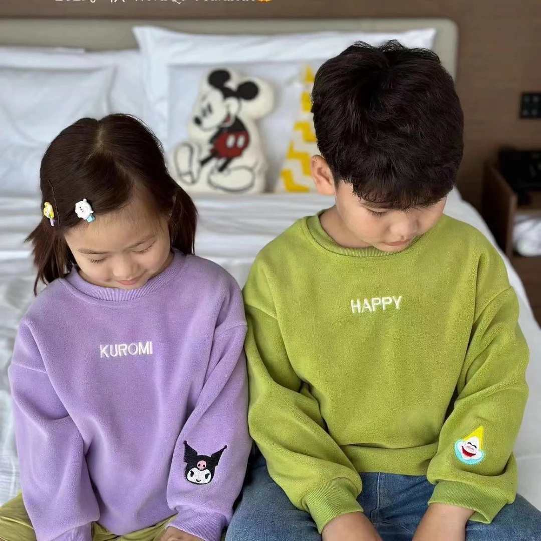 秋冬新款儿童圆领双面奥利绒刺绣卫衣男女童洋气卡通加绒套头上衣