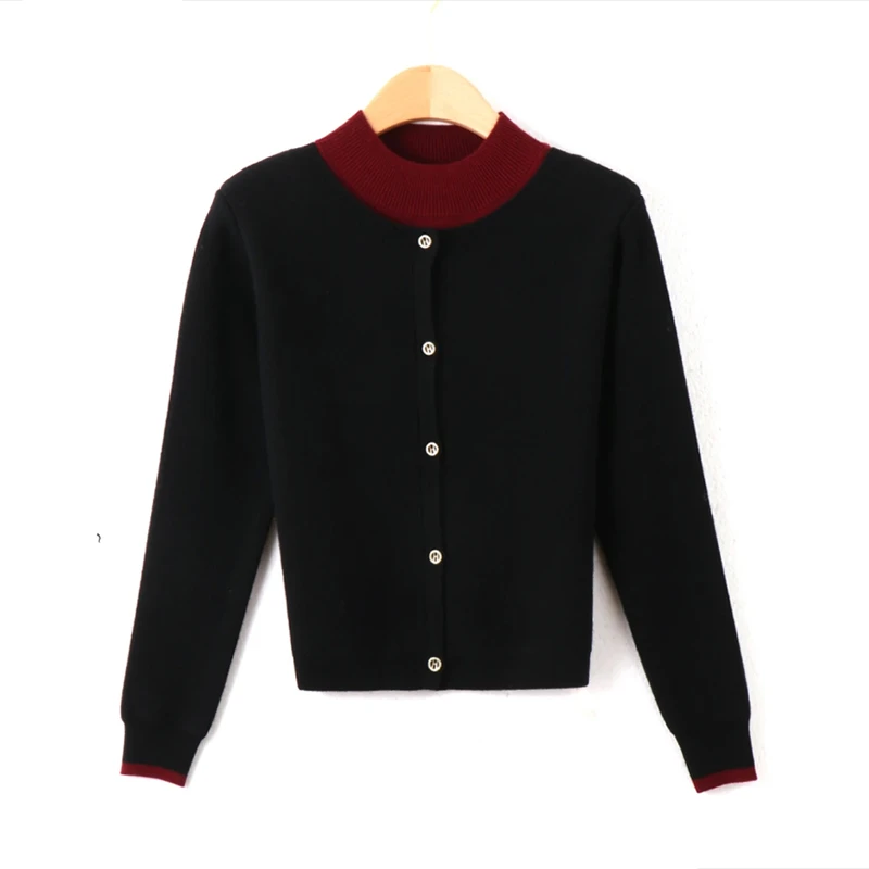 1拼色毛衣假两件立领开衫女士春装洋气针织外套宽松外塔上衣