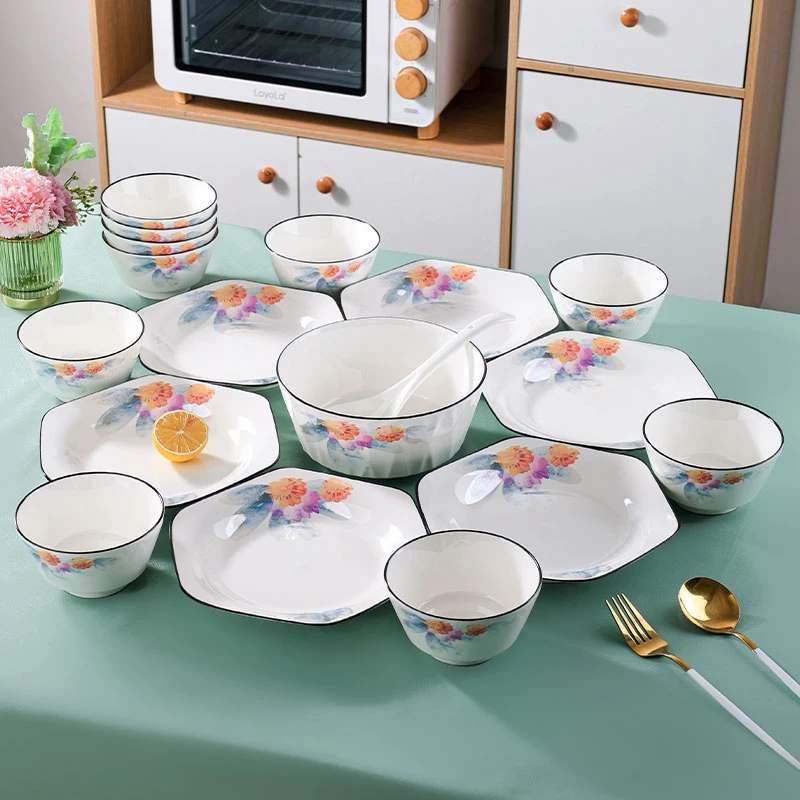 句途18件初恋餐具套装家用米饭碗六角盘大汤碗陶瓷团圆碗盘组合