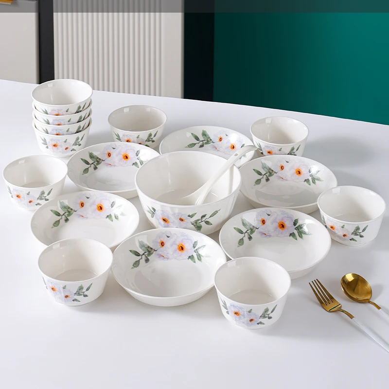 句途芙蓉花开18件餐具套装竖纹典雅碗米饭碗圆盘加厚防烫家用餐具