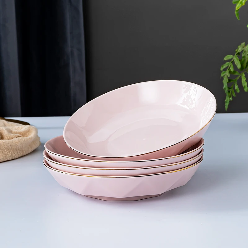 句途金边粉色钻切面6个7英寸盘子圆盘饭盘家用陶瓷餐具