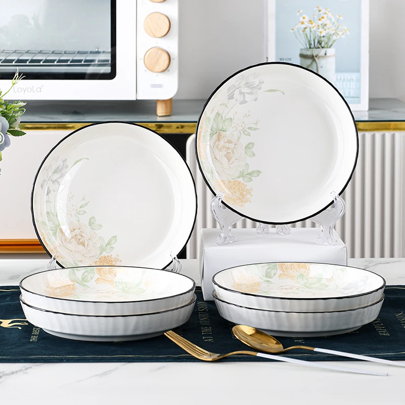 句途6只梦幻花影琉璃盘子家用7英寸菜盘饭盘陶瓷深盘可微波餐具