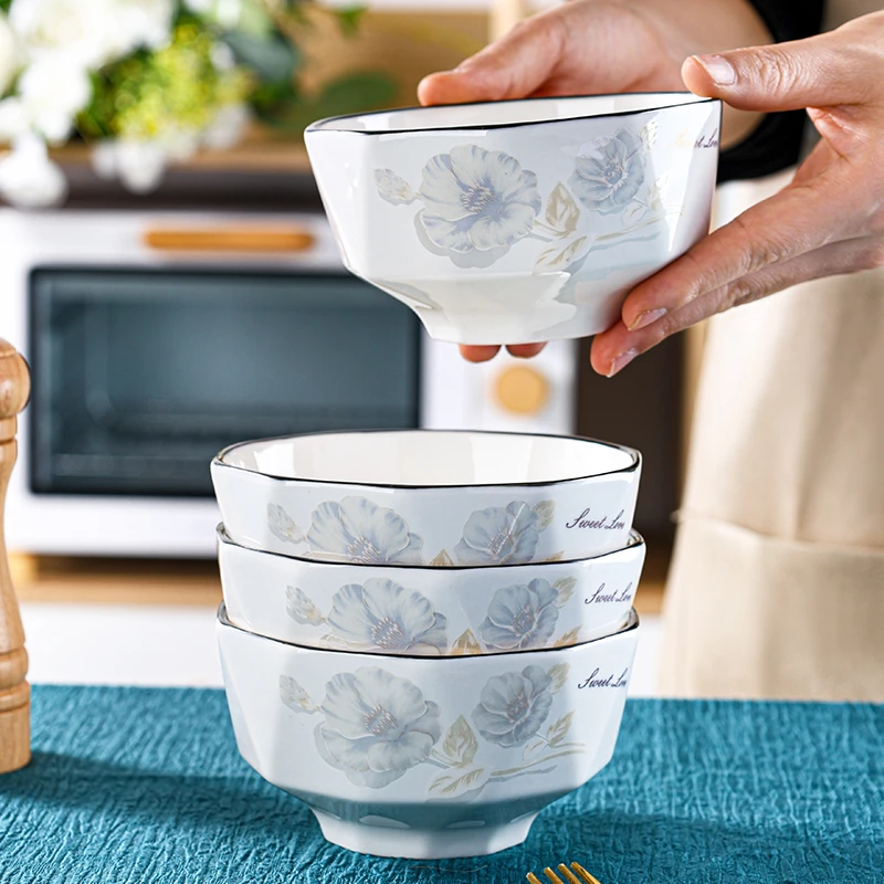 句途4只甜蜜蜜面碗家用6英寸北方吃饭碗加厚防烫牡丹花吃面大碗