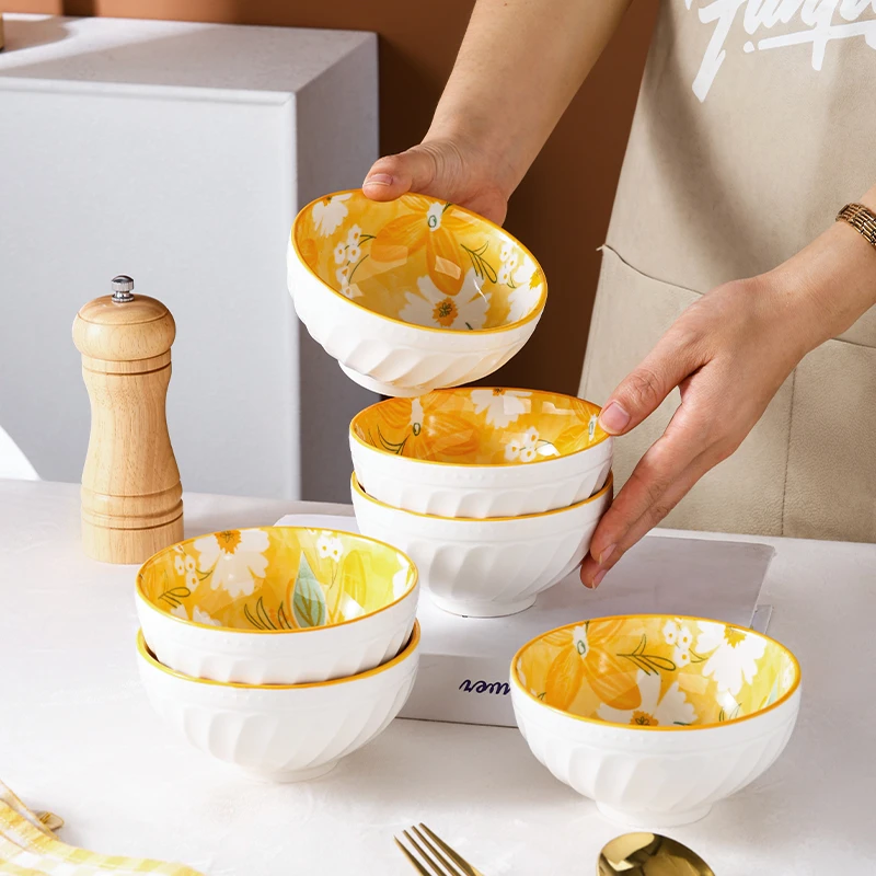 句途10个4.5英寸花开富贵碗家用米饭碗陶瓷面碗加厚防烫餐具套装