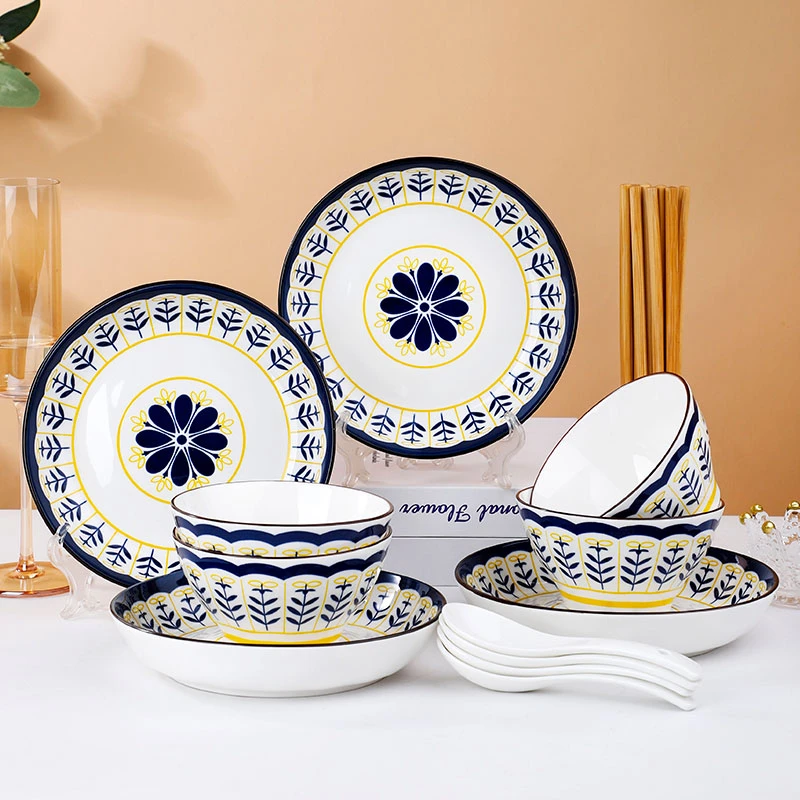 句途16件套北欧蓝花碗盘米饭碗菜盘子饭盘陶瓷餐具套装