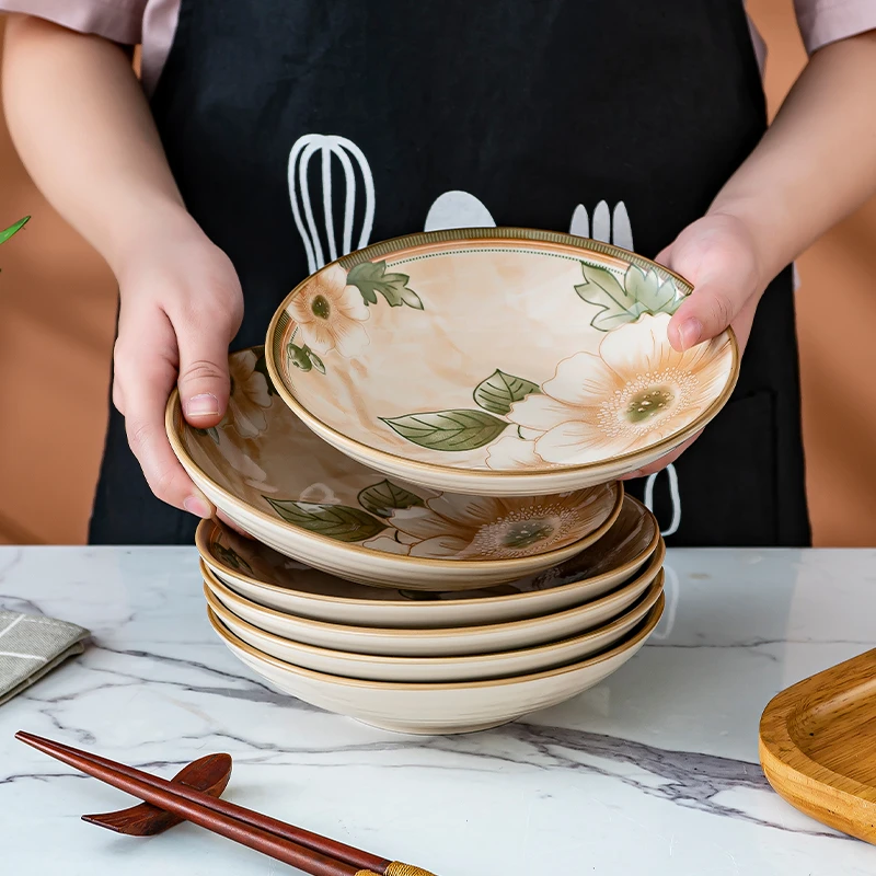 句途6个7英寸新山茶花盘子菜盘家用饭盘深盘加厚防烫陶瓷餐具套装