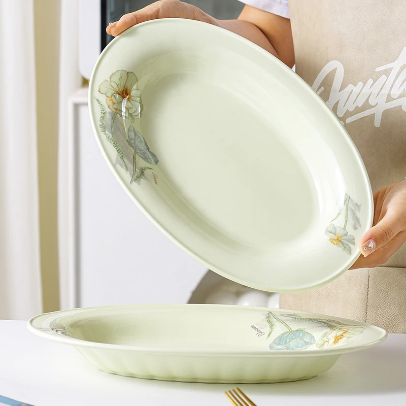 句途2个12英寸爱莲说雅枫绿鱼盘家用饭盘菜盘子加厚陶瓷餐具