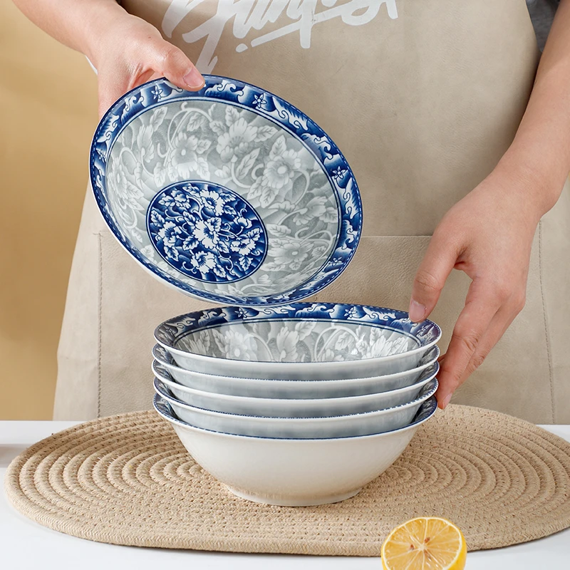 句途6只7英寸面碗青花陶瓷家用大碗斗碗北方用陶瓷餐具套装