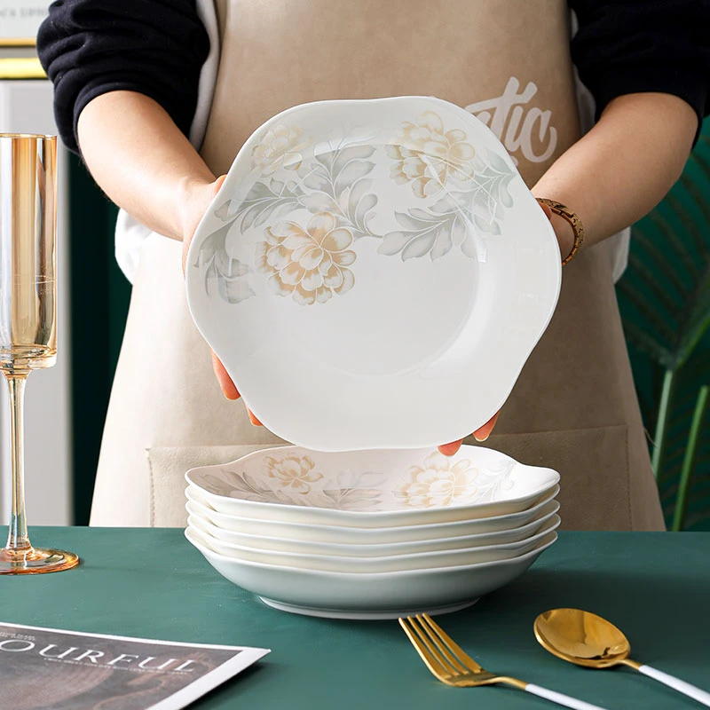 句途6只8英寸清雅名媛花瓣盘家用菜盘饭盘圆盘陶瓷加厚防烫深盘子