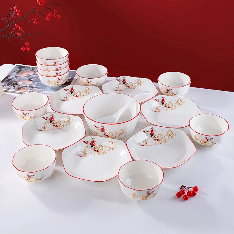 【句途】年年有余18件碗盘套装（六角盘）家用饭碗菜盘子新年团圆拼盘