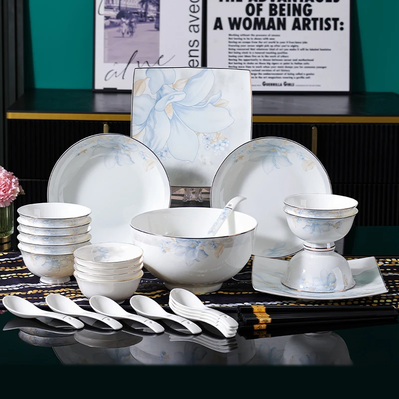 【句途】金边静远时光骨瓷餐具34件礼盒套装