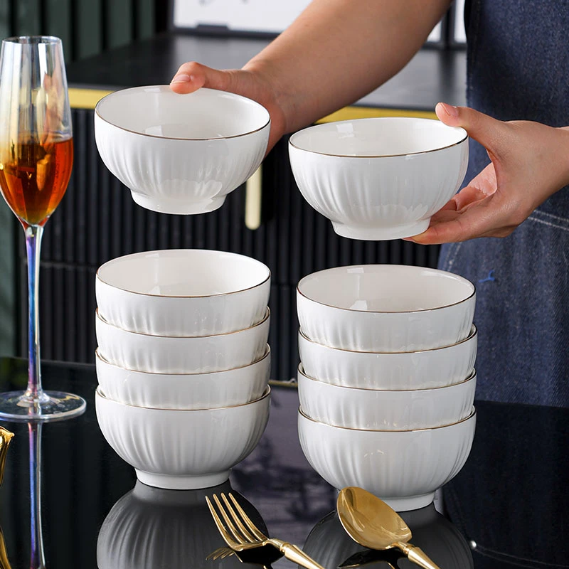 句途描金冰川10个4.5英寸碗家用米饭碗吃饭碗家用陶瓷餐具套装