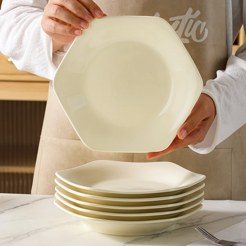 句途6只奶油黄8.5英寸六角盘（无边）家用陶瓷菜盘加厚防烫饭盘