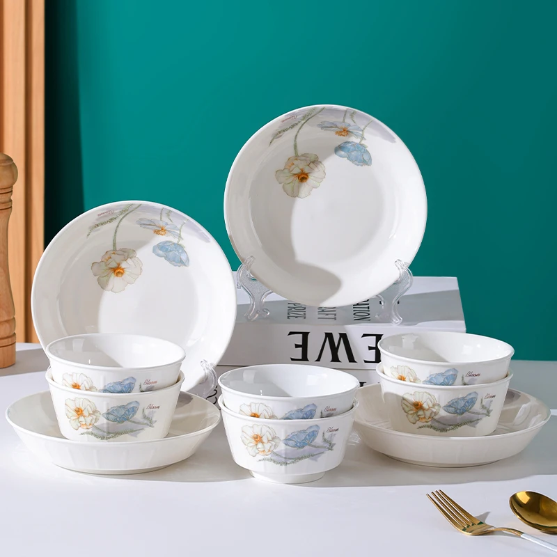 句途爱莲说典雅10件家用碗盘套装米饭碗菜盘子加厚防烫陶瓷餐具