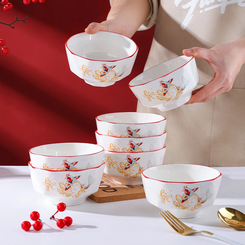 句途8只新年中国风碗家用5英寸面碗米饭碗年年有余加厚防烫吃面碗